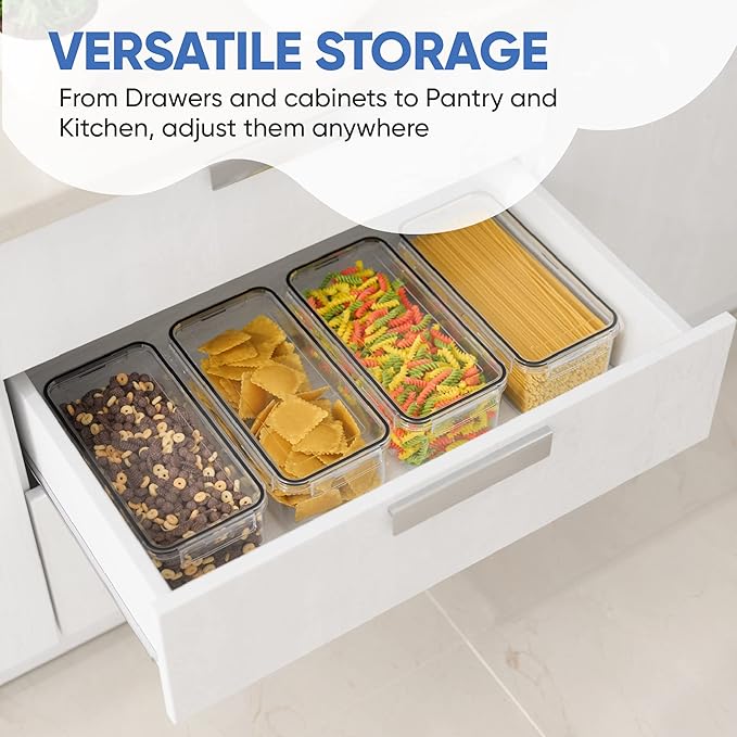 Airtight Food Storage Containers with Lids (Set of 4/3.6 Liters Each), Plastic Spaghetti Container for Pasta & Dry Food Storage, BPA Free Pantry Organizer Set with Kitchen Accessories