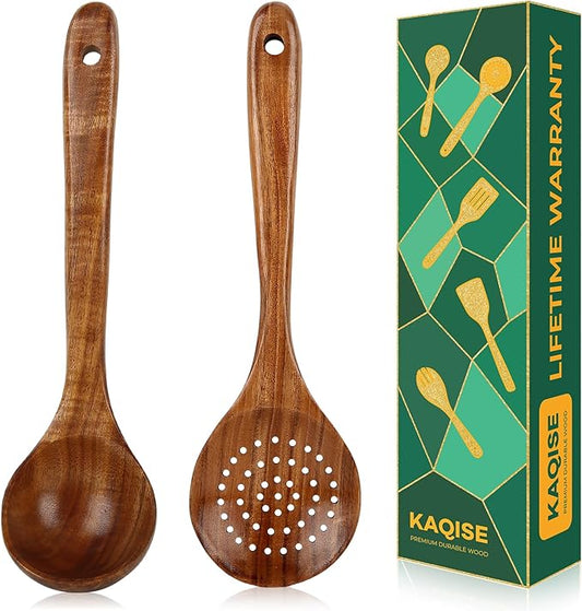 Wooden Kitchen Utensils Set, 10Pcs Premium Teak Wood Spatula, Skimmer and Spoons for Cooking, Non-stick kitchen Tools for Families