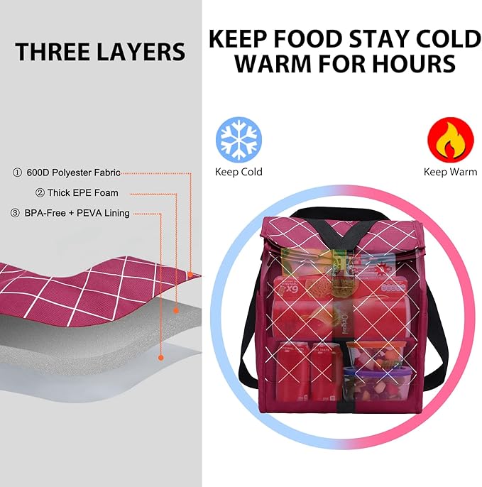 MIER Insulated Lunch Bag Roll Top Lunchbox for Women Men Adults Foldable Rolltop Lunch Tote with Shoulder Strap for Work Office Picnic, Water Bottle Holder, Red