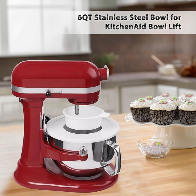 6 QT Stainless Steel Mixer Bowl Fit for KitchenAid Bowl-Lift Stand Mixers, Replacement Mixing Bowl with Handle & Lid for Kitchen Aid Professional 6 & 600, Models KV25, KP26, KL26, KT2651, KD2661
