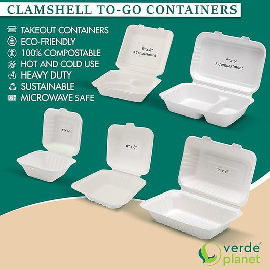 Verde Planet Clamshell Take Out Containers - 100% Natural Bagasse Sugarcane Fiber - Disposable Food Containers with Hinge Lids - Heavy-Duty To Go Boxes for Food - (8" X 8", 3-Compartment, 50-Pack)