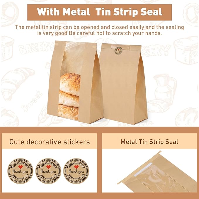 120 Pack Bread Bags for Homemade Bread Sourdough Bread Bags with Tin Tie Tab Lock, Kraft Paper Bread Loaf Bag with Window and Label Seal Stickers for Baked Food Packaging Storage (13.7''x8.2''x3.5'')