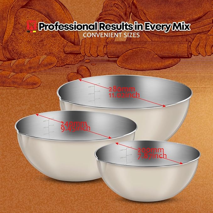 3-Piece Stainless Steel Mixing Bowl Set, Classic Beige Color, Nesting Bowls with Pure Spout, Multipurpose Kitchen Basket /1.56Quarts/3.17Quarts/4.23Quarts (Classic Beige)