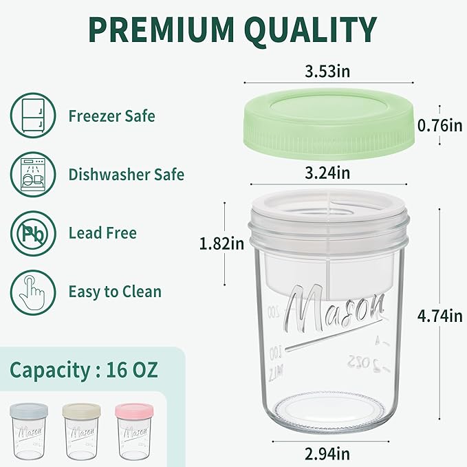 16 oz Overnight Oats Containers with Lids, 4-Pack Leak-Proof Wide Mouth Mason Jars & Separate Compartments for Fruits/Nuts, Airtight Glass Jars for Chia Pudding, Yogurt, Parfait and Salad