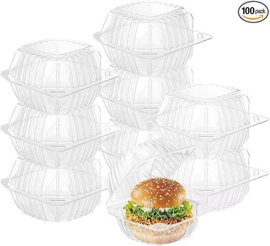 BallHull 100 Pcs Clear Thickening Plastic Hinged Take Out Containers Disposable Clamshell Food Cake Containers with Lids 5.8 x 5.8 x 3.2 inch for Dessert, Cakes, Cookies, Salads, Pasta, Sandwiches