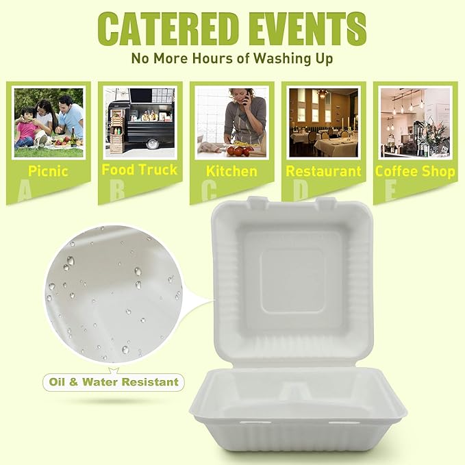 Green Earth 9-inch, 200-Count, 3-Compartment, Compostable Clamshell, Natural Bagasse (Sugarcane Fiber), Take-Out/to-Go Food Boxes - Biodegradable Containers, Hinged Lid Microwave-Safe Gluten-Free