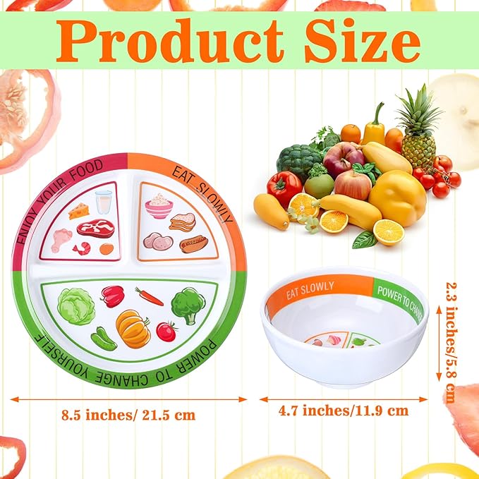Tioncy 8 Pcs Bariatric Portion Control Set with 4 Bariatric Plates 4 Portion Control Bowls for Adults Diet Balanced Eating Weight Loss Serving Plans (Stylish)