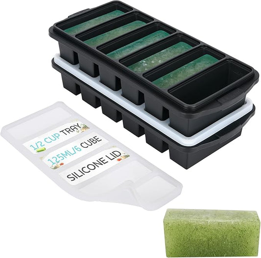 1/2 Cup Silicone Freezer Tray With Lid - Silicone Freezer Molds 2-Pack For meal prep & freezing of various sauces and other dishes, makes 12 perfect 1/2 cup portions cubes,oven and dishwasher safe