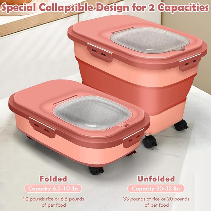 Rice Storage Container, 20Lbs Flour Container, Airtight Large Pet Dog Cat Food Storage Dispenser Bin with Wheels, Scoop & Measuring Cup, Collapsible Kitchen Dry Food Holder for Rice Cereal Kibble
