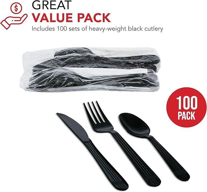 Party Essentials Individually Wrapped Black Plastic Utensil Sets/Heavy Duty Flatware Packs, Fork/Spoon/Knife, 100 Sets