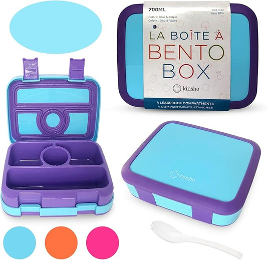 kinsho Bento Lunch Box for Kids Toddlers, 4 Portion Sections Secure Lid, Microwave Safe BPA Free Removable Tray, Pre-School Kid Daycare Lunches Snack Container Ages 3 to 5 Blue Purple