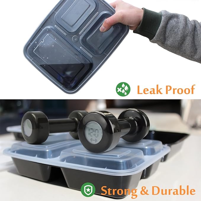 Enther Meal Prep Containers [20 Pack] 36oz 3 Compartment with Lids, Food Storage Bento Box with Souffle Cups BPA Free/Reusable/Stackable, Microwave/Freezer/Dishwasher Safe, Portion Control Black