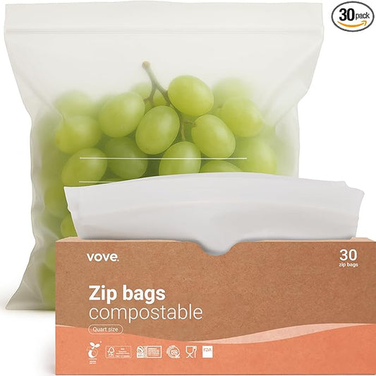 Compostable Zip Bags | 30-Pack Quart Size (1L) | PLA PBAT Biodegradable Storage Bags | Certified Eco-Friendly Food Storage | Zero Waste Kitchen | Plastic-Free Sustainable Storage
