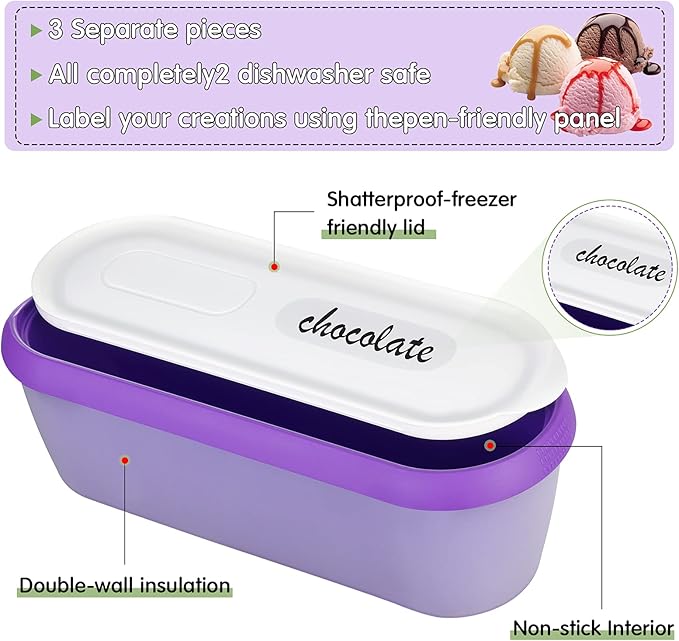 Patelai 2 Pieces Ice Cream Storage Containers with Lids and Non Slip Base Set 2.5 Quarts Ice Cream Tubs Reusable Homemade Ice Cream Container for Freezer (Green and Purple)