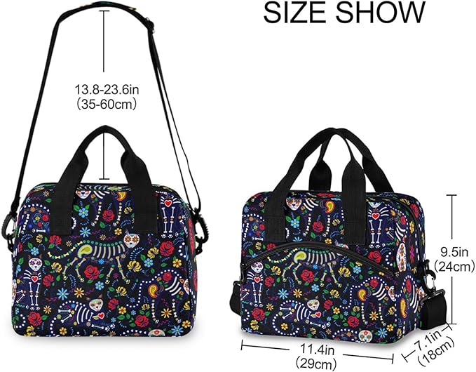 Cats and Sugar Skull Insulated Lunch Bag Reusable Lunch Tote Bag Cooler Bag for Women Men Adult Lunch Box with Adjustable Shoulder Strap Leakproof Lunch Bag for Work School Picnic Camping