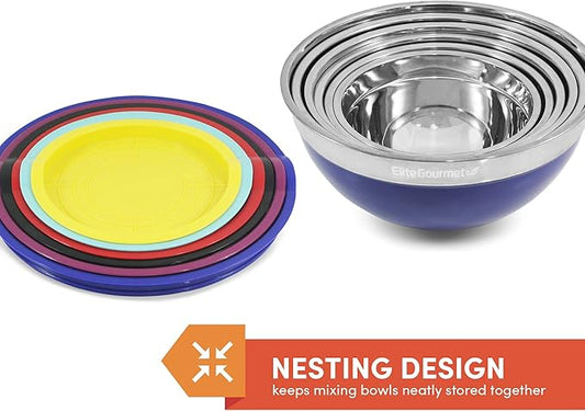 Elite Gourmet by EBS-0012 12-Piece Stainless Steel Interior Colored Stackable Nesting Mixing Bowls with Airtight Lids (Set of 6) Space Saving Food Storage, Baking, Melting Chocolate, Multi-Colors