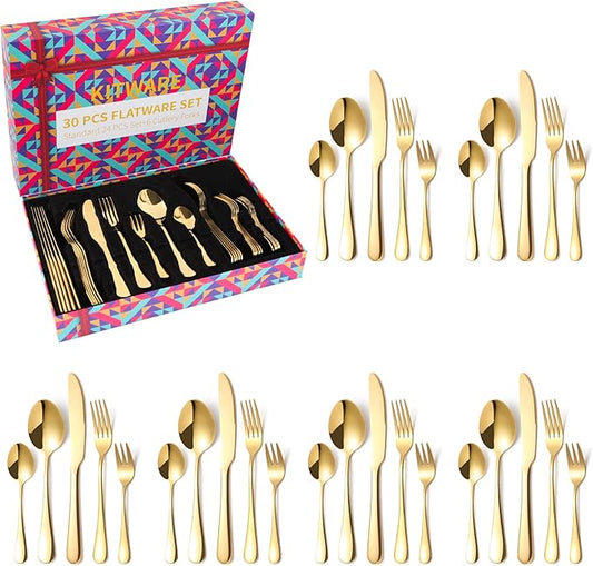 Gold Silverware Set, 30 Pieces Stainless Steel Gold Flatware Set, Kitchen Cutlery Tableware Service Set for 6, Color Utensil Sets for Home Restaurant and Party