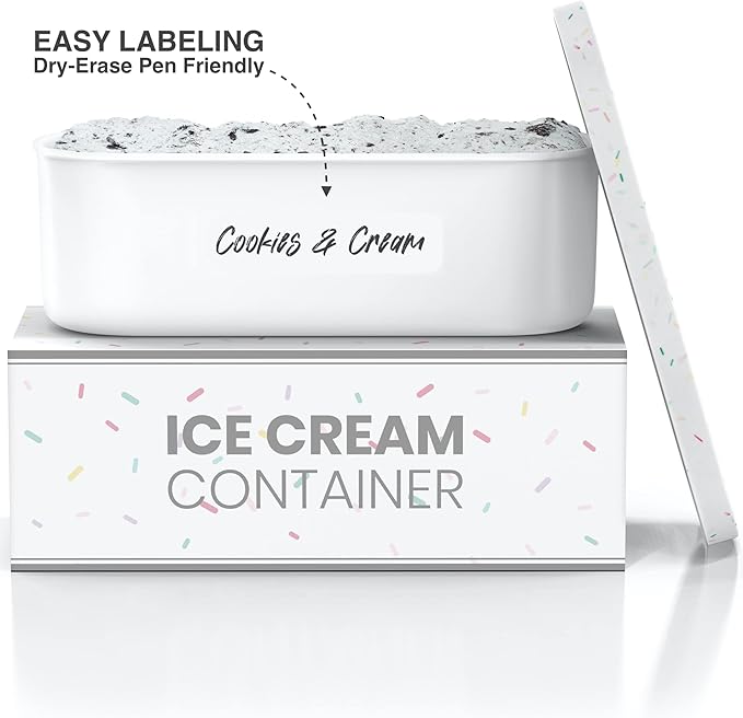 BALCI,Ice Cream Container,2 Quart,Perfect Reusable Freezer Storage for Homemade Ice Cream Tubs for Sorbet, Frozen Yogurt and Gelato!,Flexible Silicone Lids, Long Scoop, Stackable,White with Sprinkles