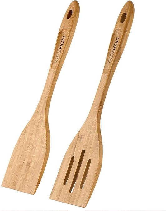 GEEKHOM Bamboo Spatulas for Nonstick Cookware, 13 Inch Wooden Kitchen Utensils, 2 Pack Wooden Spatula for Cooking, Slotted Wok Turners, Flipper for Pancake, Fish, Egg