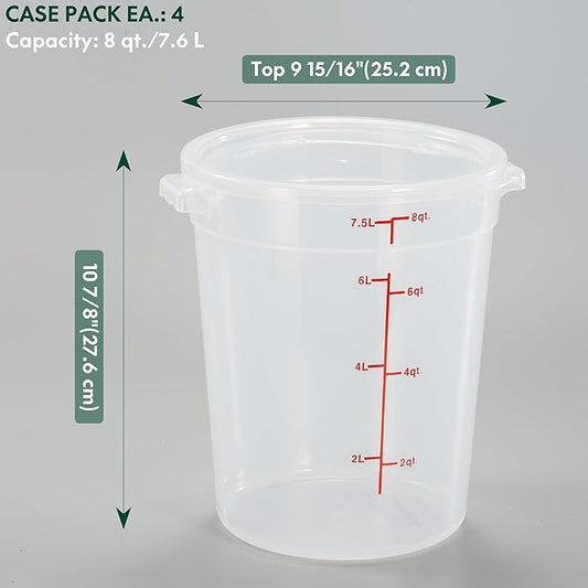CURTA 8 Quart Translucent Round Food Storage Container with Lid, Pack of 4 – NSF Listed, BPA-Free, Commercial-Grade Polypropylene, Freezer & Dishwasher Safe, Non-Stick, Easy-Read Graduations