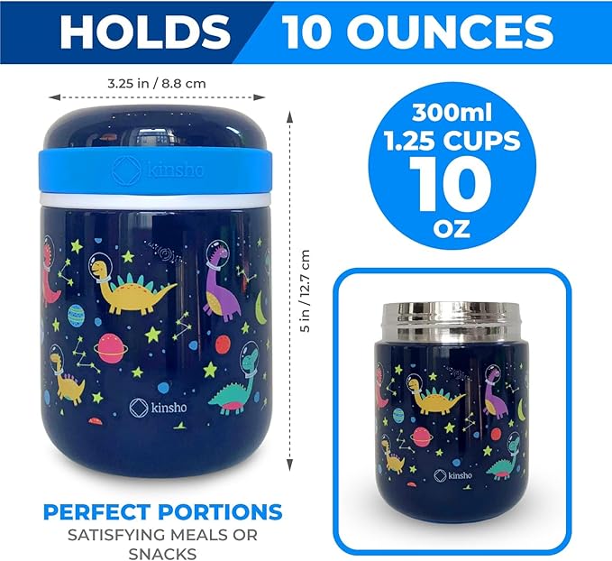 Bento Lunch Box for Kids with Stainless Steel Thermal Food Jar for Hot Food Soup, Insulated Lunch Bag and Ice Pack Set, Lunch Container Boxes with 4 Compartments, Blue Rocket Dinosaur