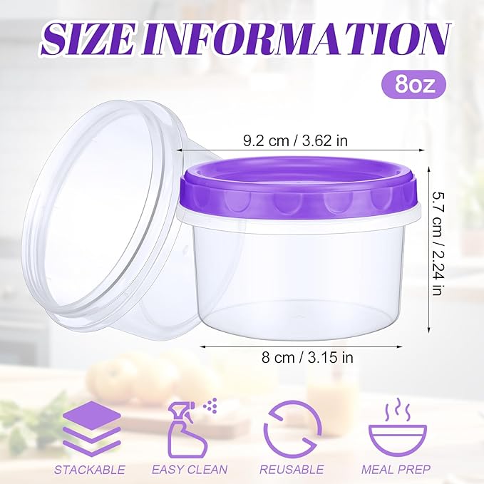 Sieral 36 Pack 8 oz/ 250 ml Freezer Containers with Lids Plastic Twist Top Deli Jars Reusable Freezer Storage Containers for Food Round Wide Mouth Lunch Snacks(Purple)
