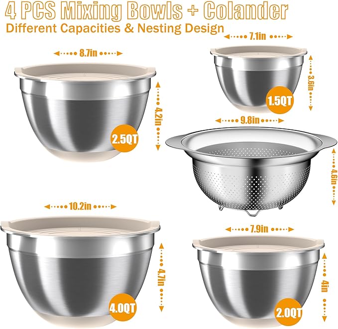 Mixing Bowls with Airtight Lids Set, 4 Stainless Steel Bowls Nesting Bowls & Colander, Kitchen Organizers and Storage Non-Slip Bottom, Size 1.5/2.0/2.5/4.0QT, Great for Mixing & Serving, Khaki