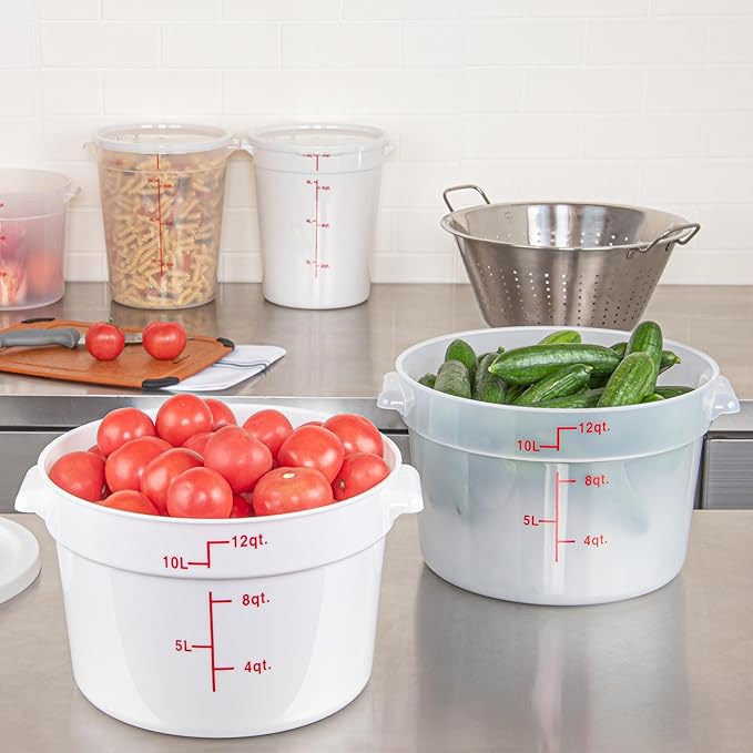 Restaurantware-Met Lux 12 Quart Food Storage Containers, 10 White Storage Containers - Lids Sold Separately, Red Volume Markers, Dishwashable Containers, Side Handles, For Storing Foods