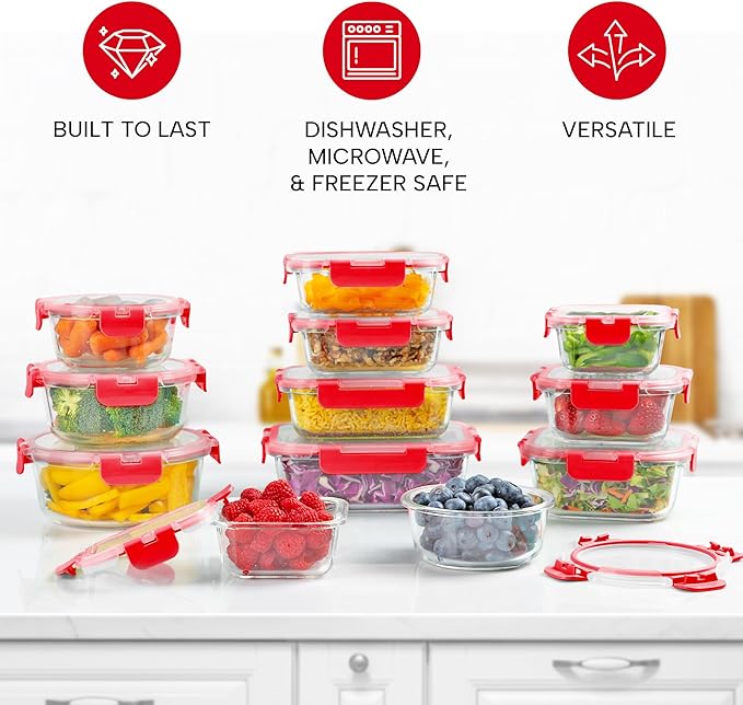 Zulay Kitchen 12 Pack Glass Meal Prep Containers with Lids - Airtight, Premium Borosilicate Glass Food Storage Containers - Microwave, Freezer & Oven Safe, BPA Free - Red