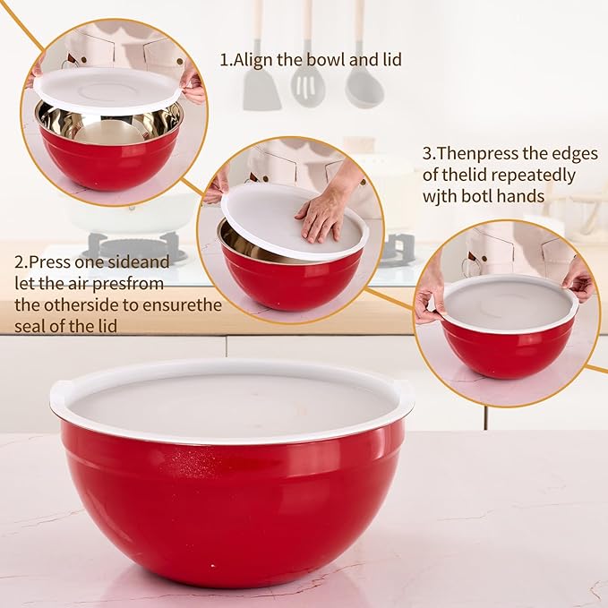 Red Mixing Bowls with Airtight Lids, Stainless Steel Nesting Mixing Bowls Set of 7, Ideal for Baking, Prepping and Serving Food, Size 7, 3.6, 2.7, 2.1, 1.5, 1.1,0.8 QT, Stackable Design