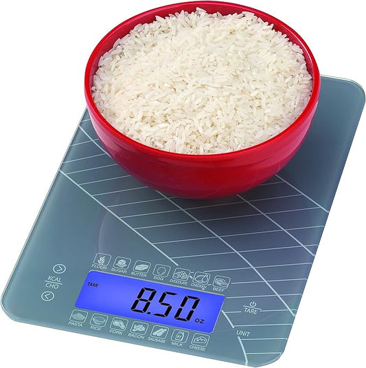 SmartHeart Digital Kitchen Food Scale with Calorie & Carb Calculator Tempered Glass | Precision Measurements | Unit conversions: oz, lbs, g, ml | 14 pre-Set Foods