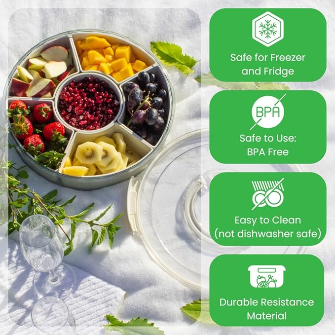 Divided Serving Tray with Lid & Handles for Snacks - Portable Round Snackle Box Container with 6 Compartments - 12" Charcuterie Board for Hosting & Party - BPA-Free & Freezer Safe Veggie Tray