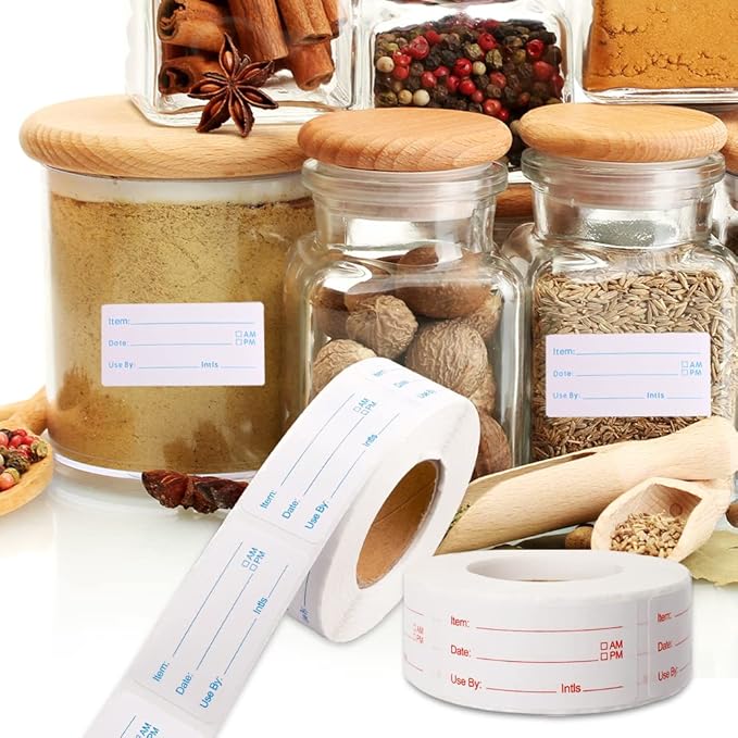 2 Rolls 1000 Pieces Removable Food Labels, 1 x 2 Inch Date Stickers for Freezer, Refrigerator Food Containers - Easy to Write On