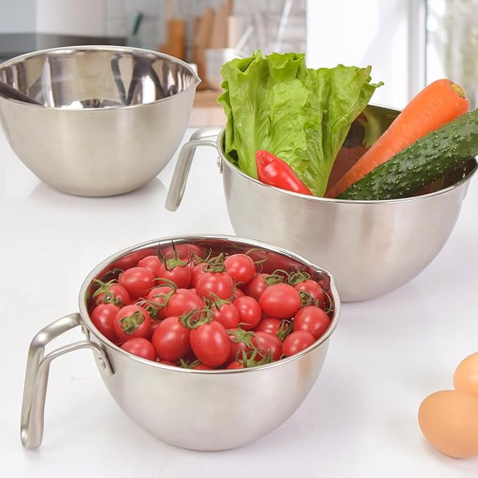 Marsheepy Stainless Steel Mixing Bowls With Handle And Pour Spout,3 Pieces Of Thick Stainless Steel Nesting Storage Bowls With Silicone Spatula for Kitchen Use,Size 1.1/1.8/2.3 Quart