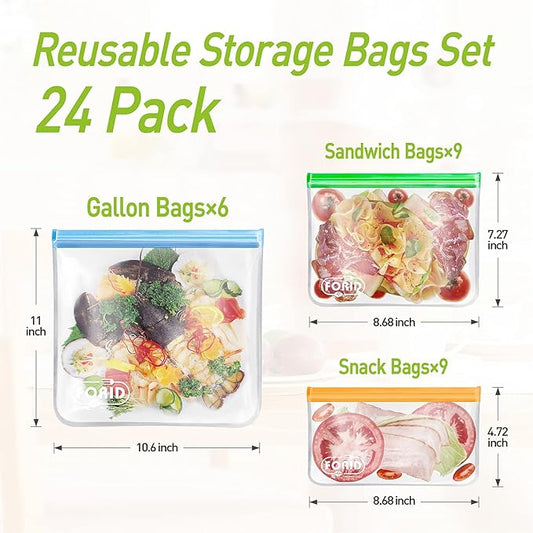 24 Pack Reusable Food Storage Bags - Non Plastic & Silicone Gallon Freezer Bags Sandwich Snack Resealable Lunch Bags Extra Thick Leakproof for Marinate Food & Fruit Cereal Travel Items Home Kitchen