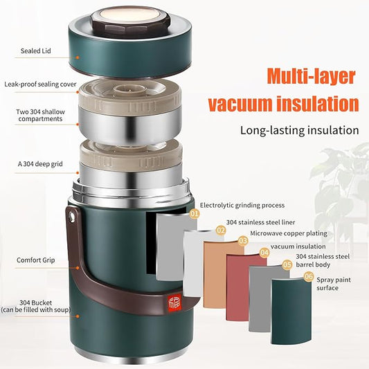 67 Oz Adults Stainless Steel Vacuum Soup Thermos For Hot Food with Inserts Stackable Bento Box and Lunch Bag,Width Mouth Portable Nsulated Food Jar Lunch Container (green, 67 oz)