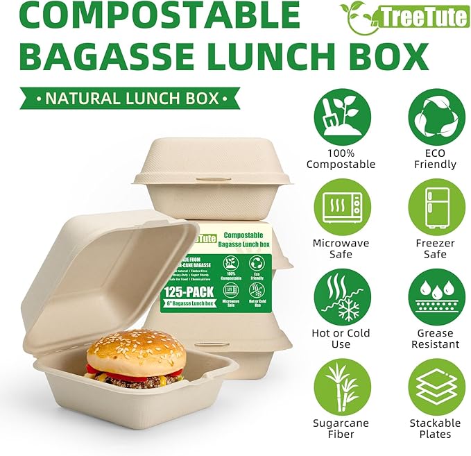125 Pack 6x6 Inch Clamshell Take Out Food Containers,100% Compostable Disposable To Go Containers with Lid,Square Small Lunch Box,Heavy Duty,Eco-Friendly Biodegradable Bagasse Take Out Boxes