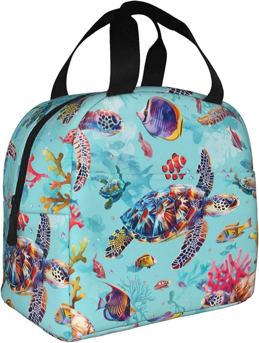 Blue Ocean Insulated Lunch Bag for Women Men Reusable Cooler Nautical Lunch Tote Bag with Front Pocket for Hiking Picnic Travel Office