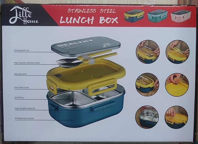 Lille Home 28oz Stainless Steel Leakproof 2-Compartment Bento Lunch Box/Portion Control Food Container with Lunch Bag and Cutlery Set, BPA Free