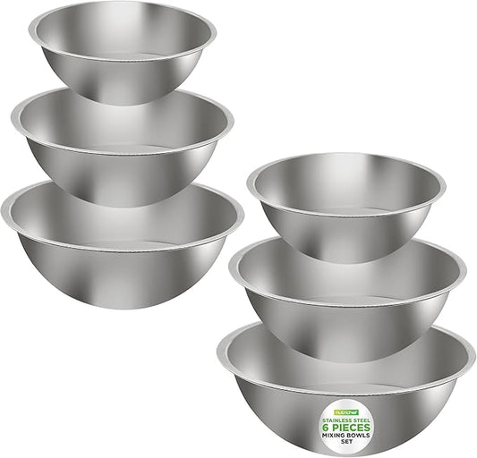 NutriChef 6-Piece Stainless Steel Mixing Bowls - Premium Stackable Nesting Bowls - Kitchen Essentials for Food Prep, Marinating, Mixing Salad, & More - Dishwasher Safe