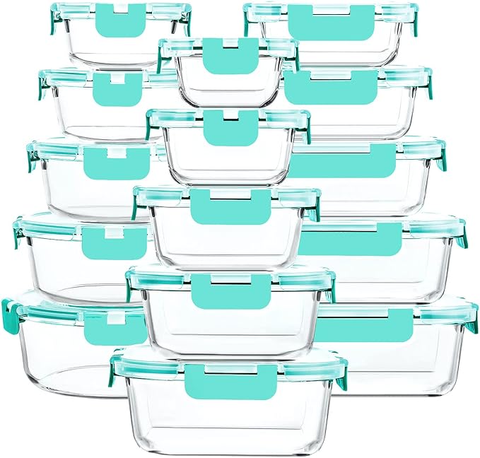 M MCIRCO 30 Pieces Glass Food Storage Containers with Upgraded Snap Locking Lids,Glass Meal Prep Set - Airtight Lunch Containers, Microwave, Oven, Freezer and Dishwasher Friendly (Green)
