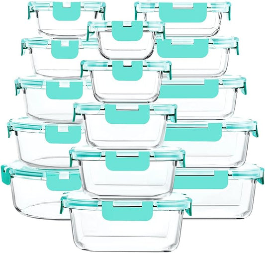 M MCIRCO 30 Pieces Glass Food Storage Containers with Upgraded Snap Locking Lids,Glass Meal Prep Set - Airtight Lunch Containers, Microwave, Oven, Freezer and Dishwasher Friendly (Green)