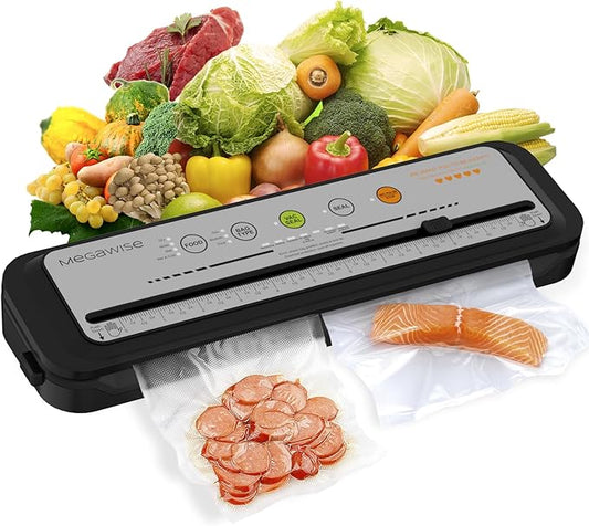 MEGAWISE Vacuum Sealer Machine for Food Storage with Sealer Bags | Automatic Food Sealer for Sous Vide | Compact Design with Built-in Cutter | Works with All Food Types | Easy to Clean (Grey)