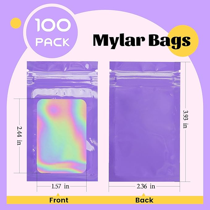 100 Pack Purple Holographic Bags Smell Proof Packaging Bags with Window for Food Storage and Small Business(2.4×4Inch)
