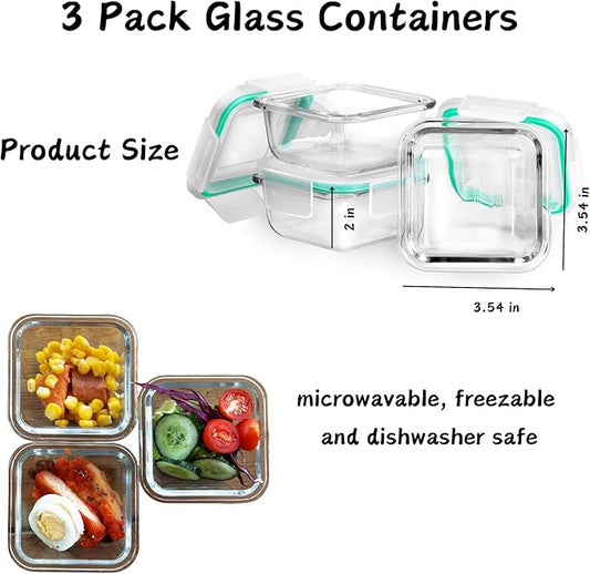 Bariatric Meal Prep Containers, Glass Portion Control Containers 3 Pack, Microwave Safe Glass Meal Prep Containers with Lids