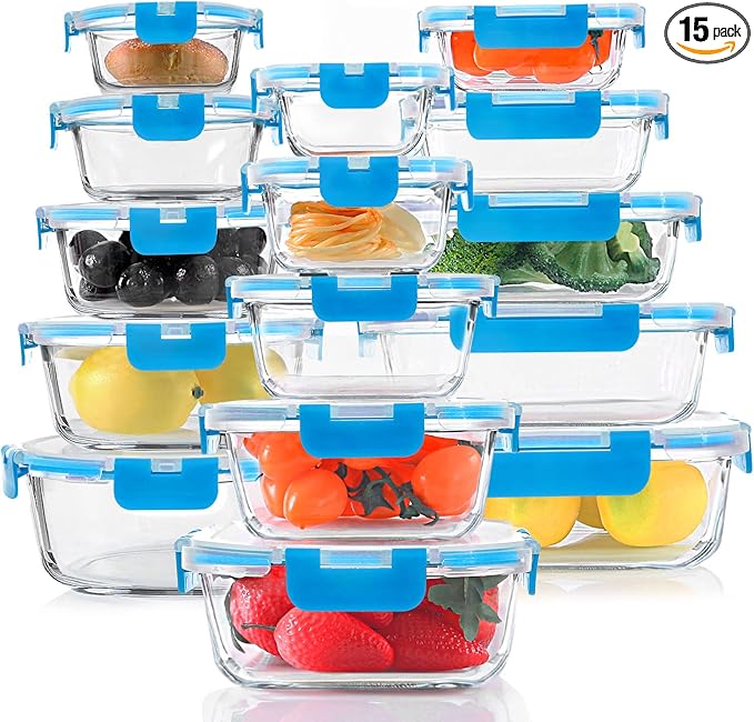 30 Pieces Glass Food Storage Containers Set, Glass Meal Prep Containers Set with Snap Locking Lids, Airtight Glass Lunch Containers, Microwave, Oven, Freezer & Dishwasher, Blue