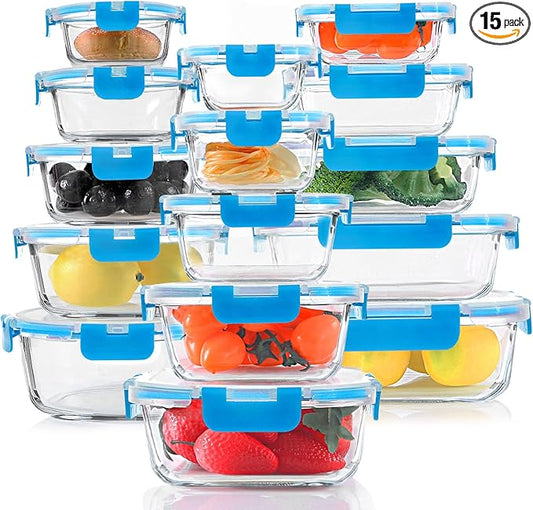 30 Pieces Glass Food Storage Containers Set, Glass Meal Prep Containers Set with Snap Locking Lids, Airtight Glass Lunch Containers, Microwave, Oven, Freezer & Dishwasher, Blue