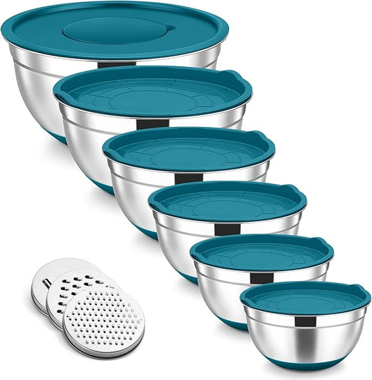TeamFar Mixing Bowls, Stainless Steel Nesting Salad Bowl with Lids & 3 Graters, For Kitchen Cooking Serving Prepping, Airtight & Non-Slip, Size 4.6/3.5/2/1.5/1/0.7 QT, Set of 5 & Blue