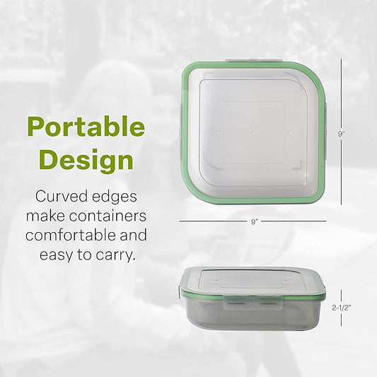 Large To-Go Single Compartment Container, 9"x 9" x 2-1/2", Reusable, Microwave Safe, NSF Certified, Smoke/Green