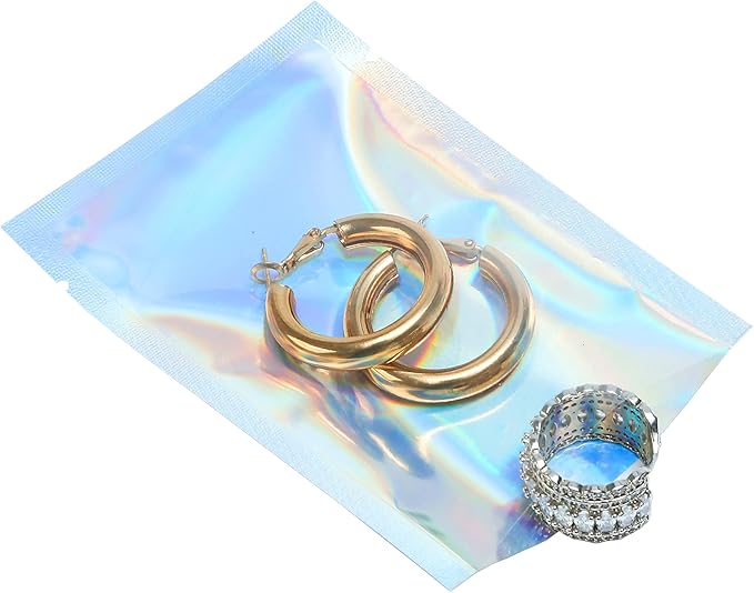 QQ Studio 100 PCS Metallic Mylar Foil Open Top Sealable Bags (9x13cm(3.5x5.1"), Clear & Holographic)